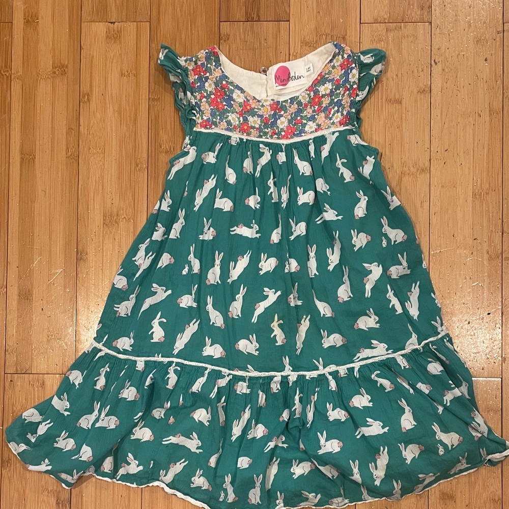 Mini Boden Teal Bunny Print Dress with Floral Yoke girls size 7/8